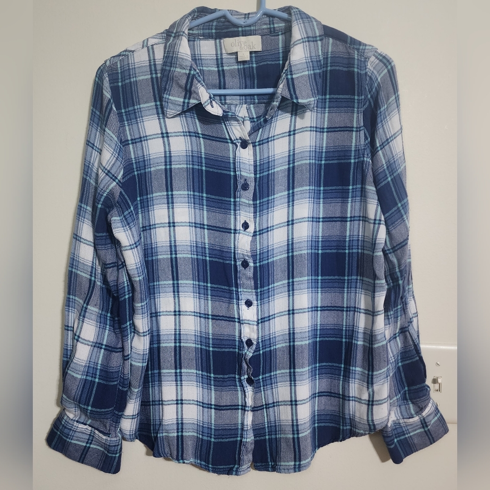 Olive & Oak Blue and White Plaid Button-up Shirt Women's Size L